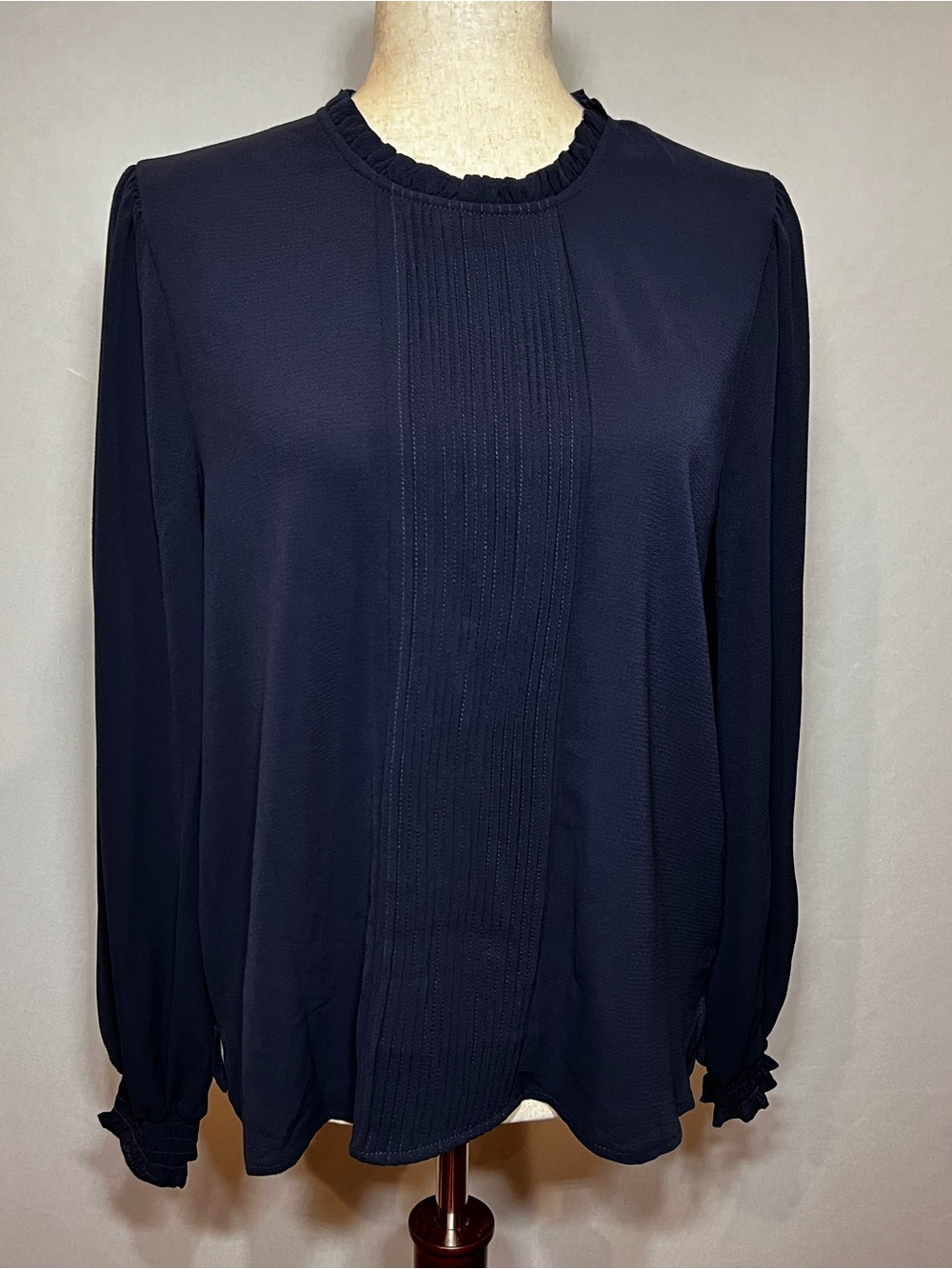CeCe Dark Navy Pintuck Ruffle-Neck Long Sleeve Blouse - Picture 6 of 14